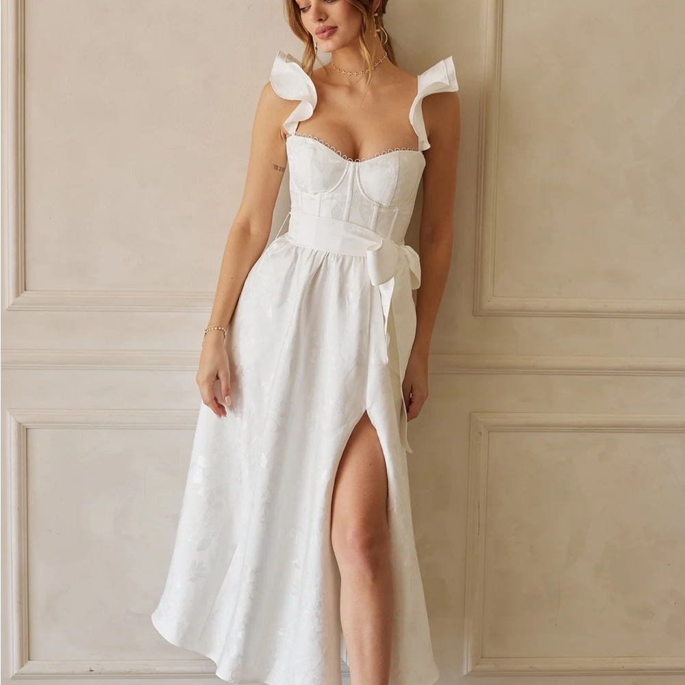 V. Chapman Vera Satin Ruffled-Sleeve Bustier Midi Dress